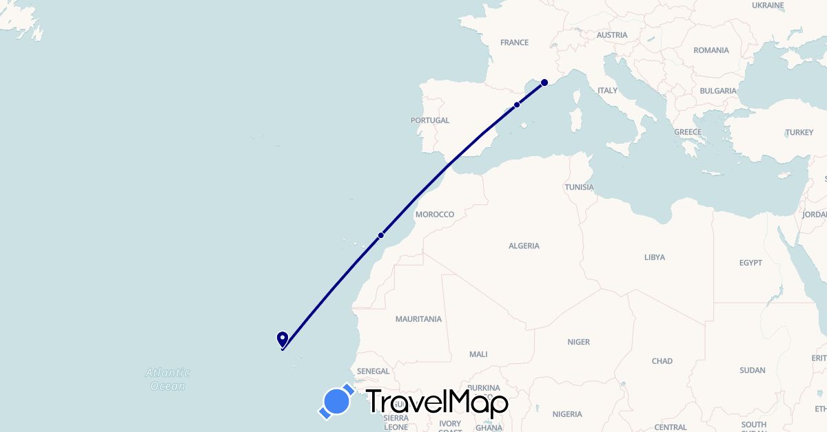 TravelMap itinerary: driving in Cape Verde, Spain, France (Africa, Europe)